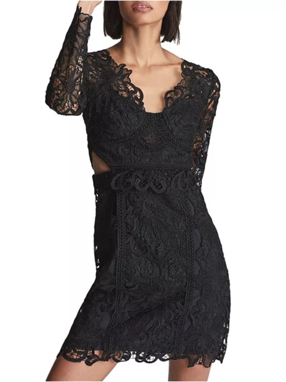 NWT Reiss Erica Guipure Lace Bodycon Mini Dress Long Sleeve Cut Out Sz 10